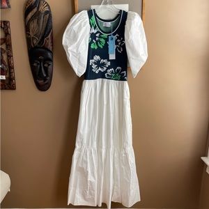 🤍💚NWT Tanya Taylor Naomi dress in white cotton poplin with knit bodice,size S.